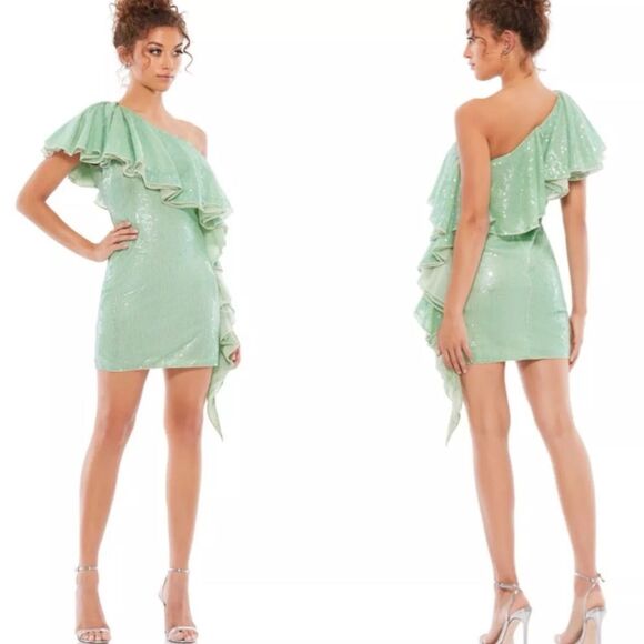 Mac Duggal Sage Green Sequin Ruffle One Shoulder Mini Dress | Size 4 - Picture 1 of 8